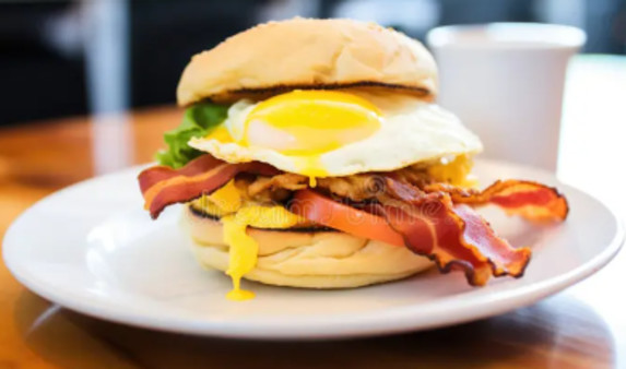 image of Bagel with egg, Sausage, cheese, onion and tomato