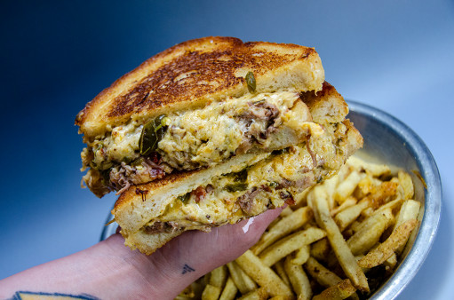 image of Smoked Pulled Pork Jalapeno Popper Grilled Cheese Sandwich & Fries