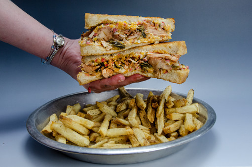 image of Vegan Smoked Jackfruit Jalapeno Popper Grilled Cheese Sandwich & Fries