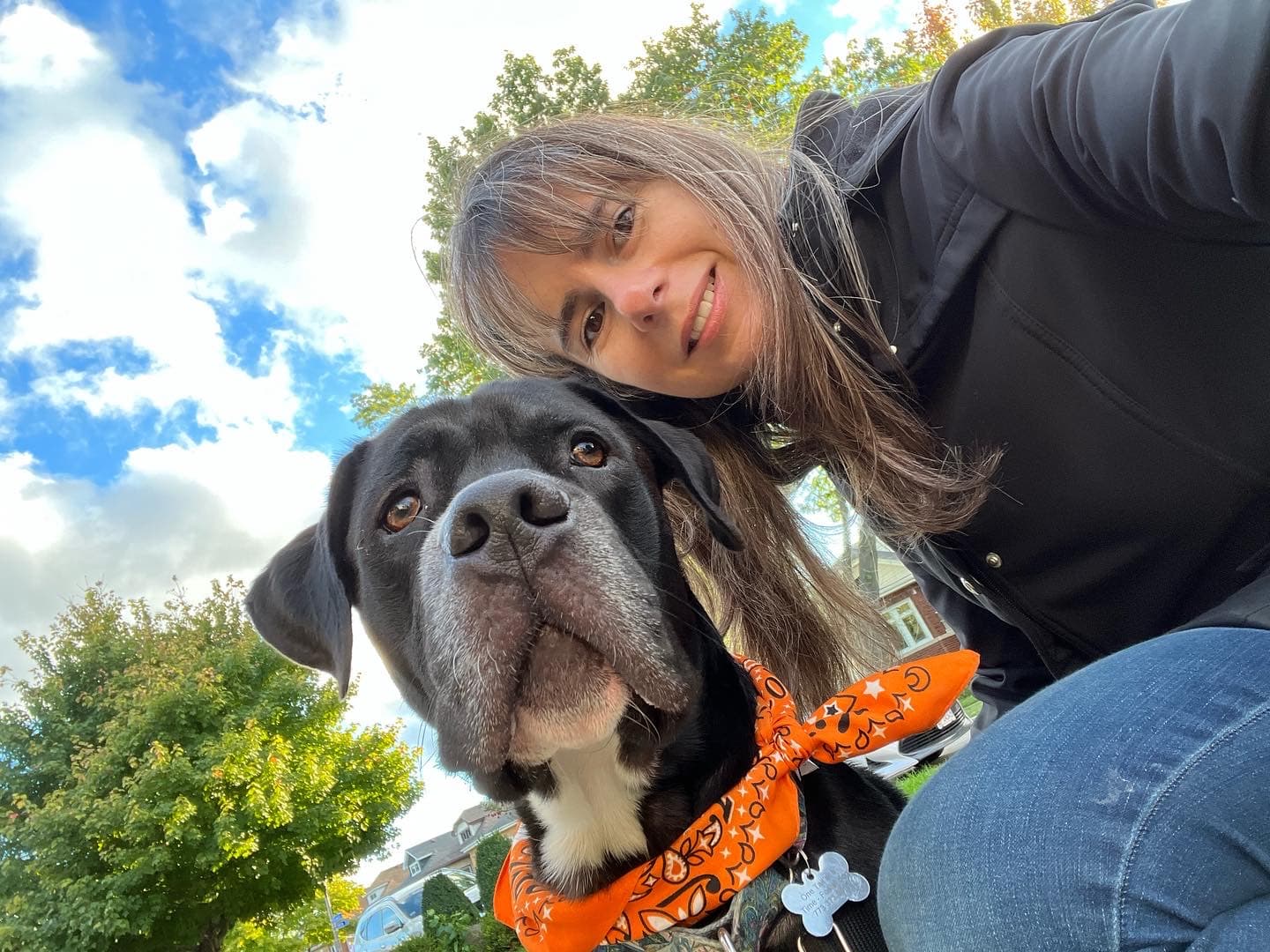 A selfie of Vardis, a black and white mixed-breed dog wearing an orange bandana, and his foster mom Jessica.