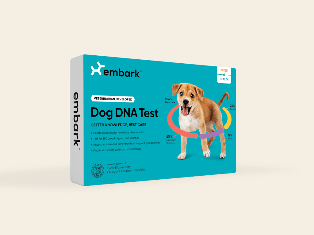 Redirects to the shopping page of Embark's Breed + Health DNA Test kit. Teal Box of Embark's Breed + Health DNA test.