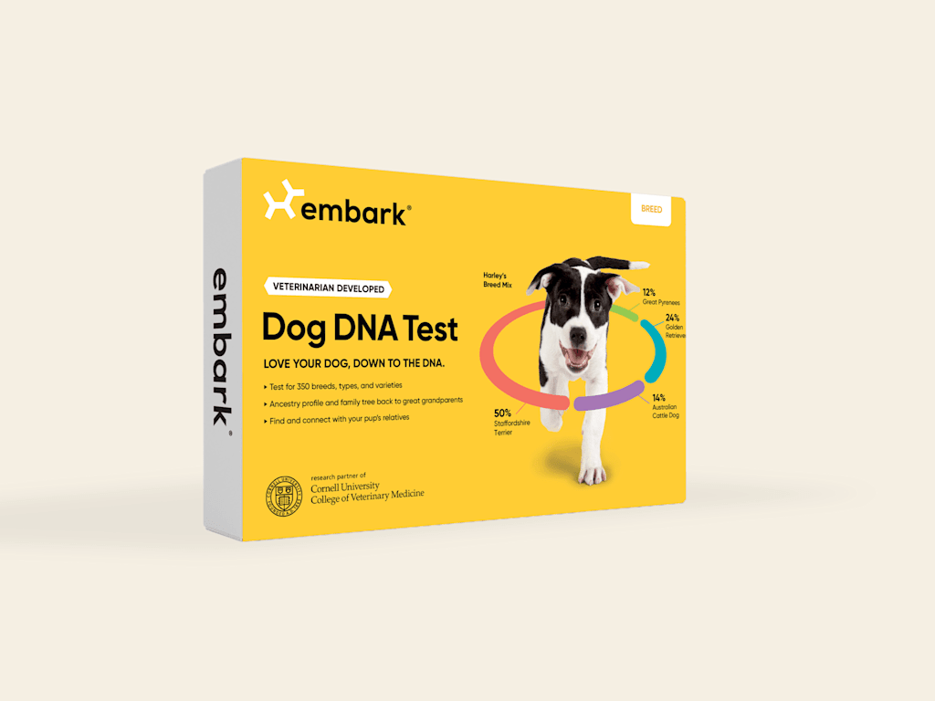 Redirects to the shopping page of Embark's ID DNA Test kit. Orange Box of Embark's Breed ID DNA test.