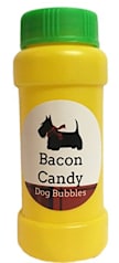 A yellow bottle of bacon-flavored dog bubbles with a green lid.