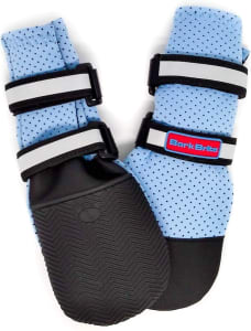 Two blue dog booties with Velcro straps