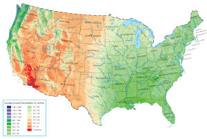 A map showing average annual precipitation across the US.