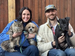 Bamm-Bamm with his family: parents Kendra and Patrick, big sister dog Stevie, and cat sibling Moo Stu.