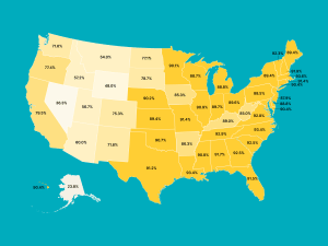 A map of the US showing rates of flea, tick, and heartworm prevention for each state.