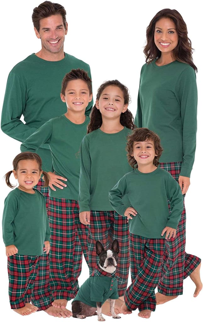 plaid pajamas family and dog