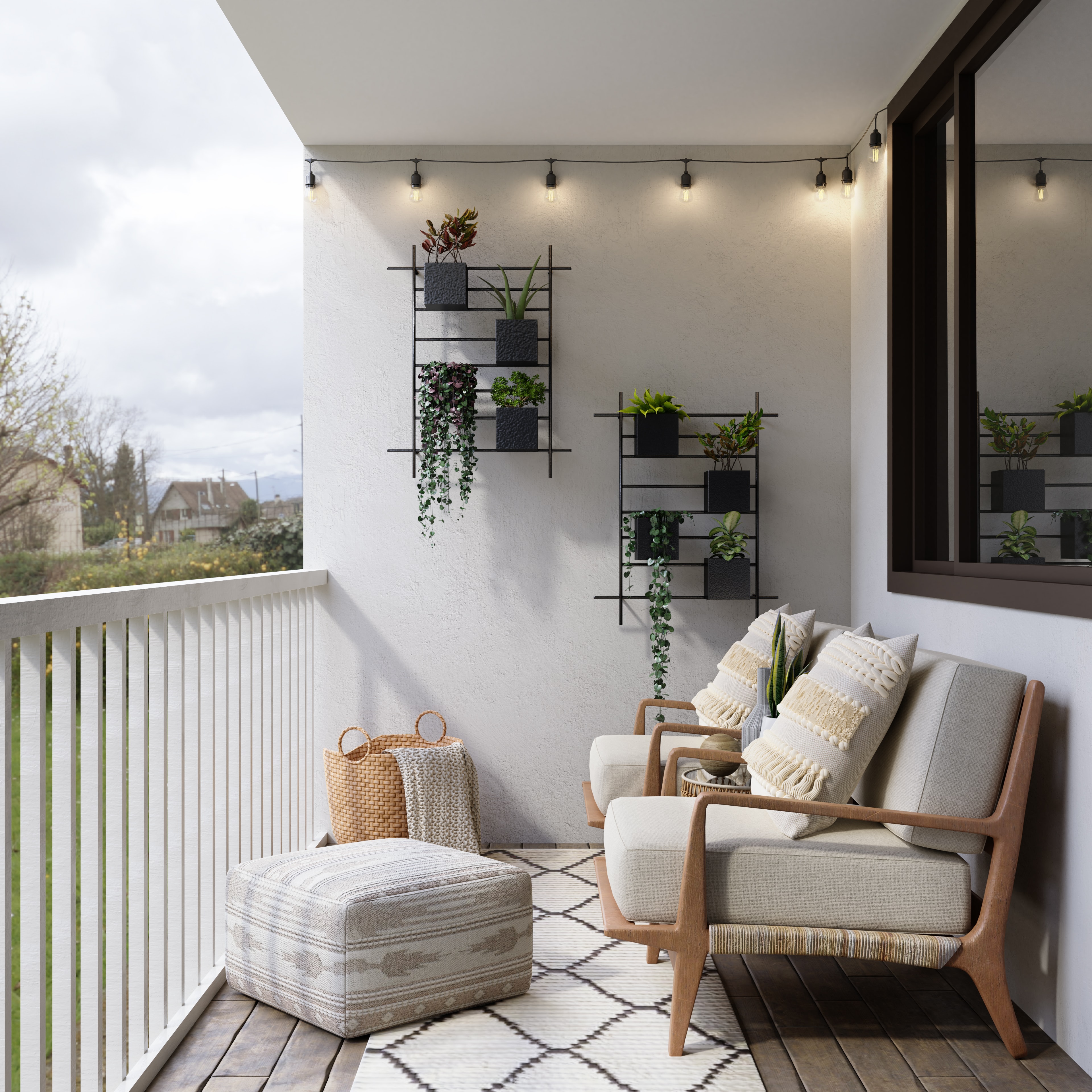Apartamento com varanda gourmet: área externa com duas poltronas de madeira e vasos na parede