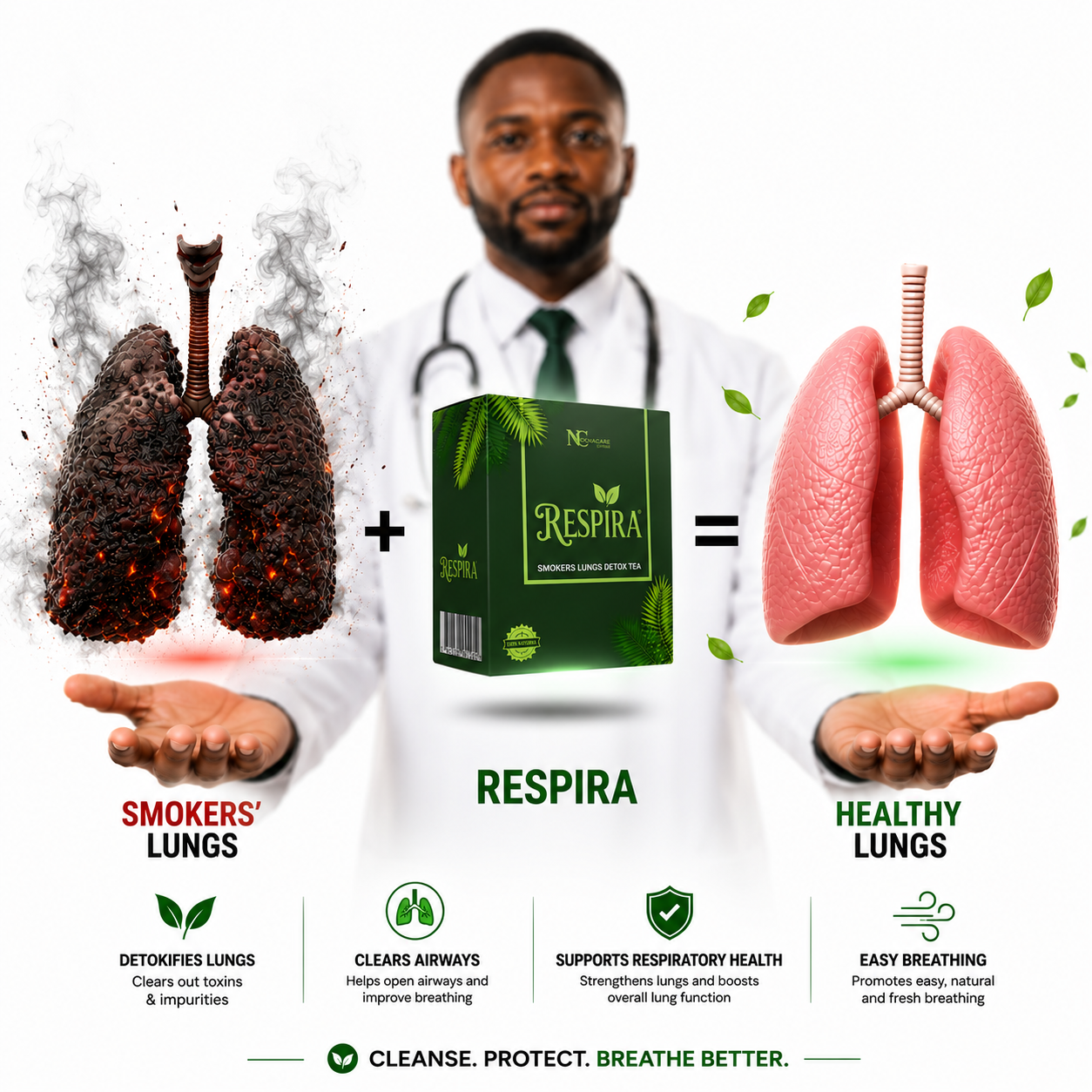 Doctor Showing Black Smokers Lungs vs Clean Healthy Lungs with Respira Tea