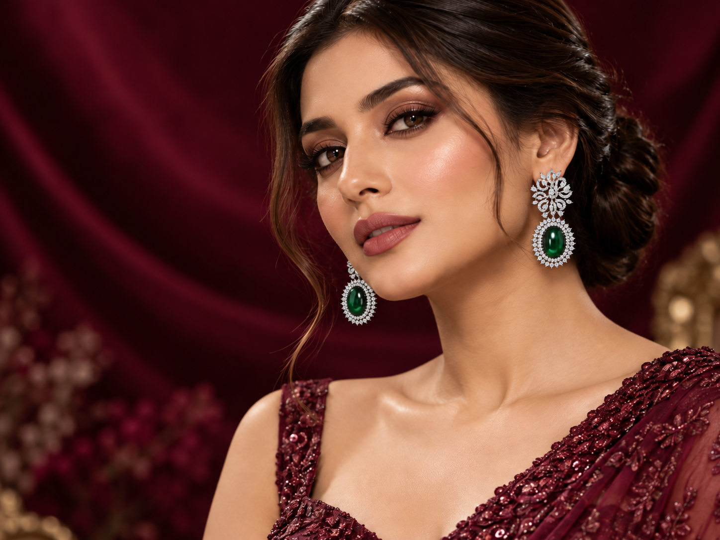 Noor emerald silver tone halo earrings