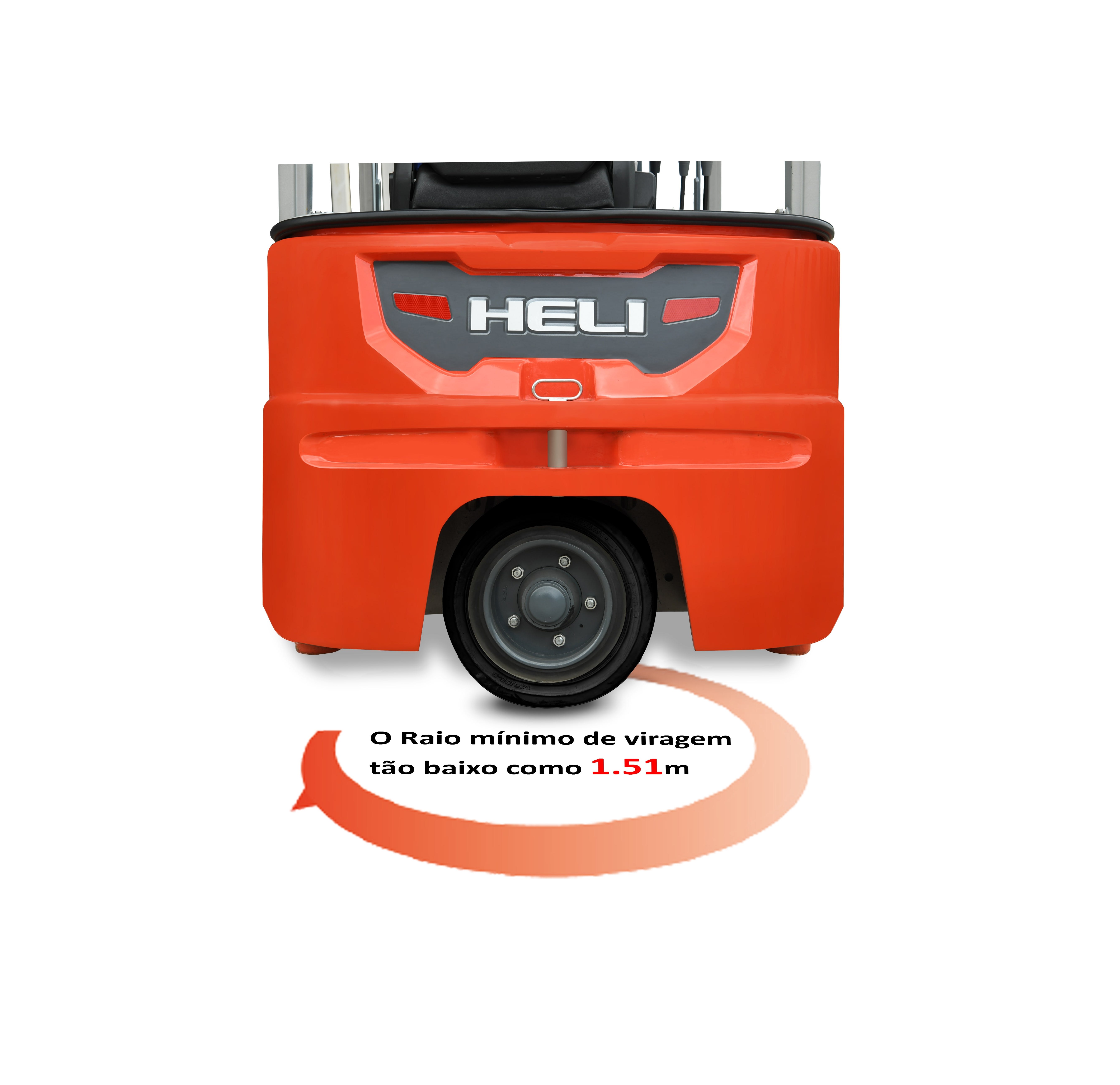 Empilhador de 3 rodas com raio mínimo de viragem de 1.51m.