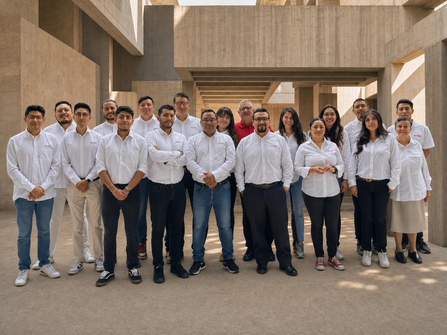 Equipo MIT·MUT reunido en un atrio de concreto