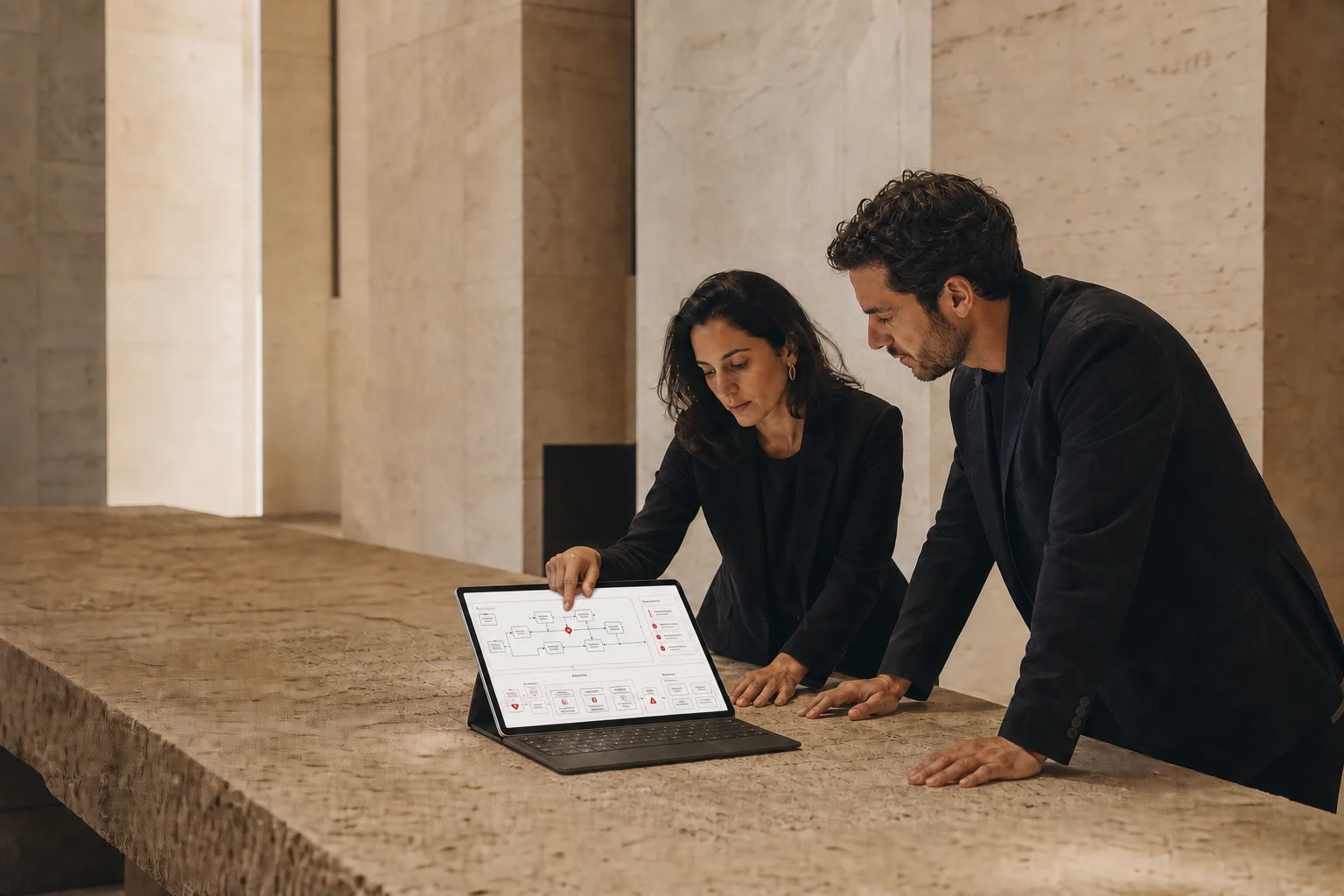 Dos consultores revisan juntos un diagrama de procesos en una tablet sobre una mesa de piedra