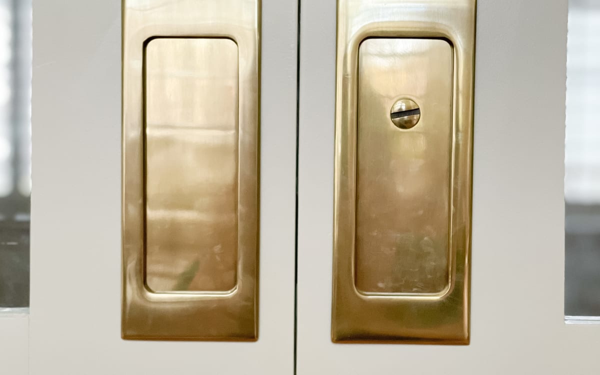 Mortise Pocket Door Hardware - Narrow Modern Rectangular Privacy Pocket Door Mortise Lock in Satin Brass - 2155US4-2 - Emtek Hardware