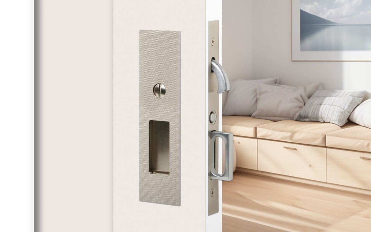 Knurled Narrow Modern Rectangular Pocket Door Mortise Lock | Emtek