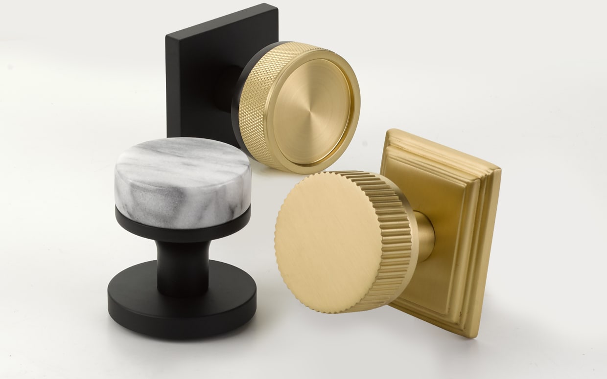 Emtek 520SKUS4 Satin Brass Straight Knurled Privacy Door Lever Set from the  SELECT Brass Collection 