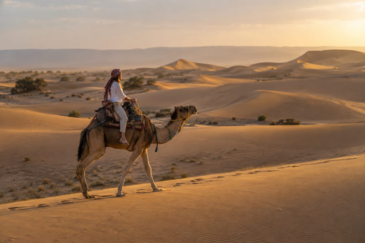 A traveler crossing golden Sahara dunes on a camel in the late afternoon