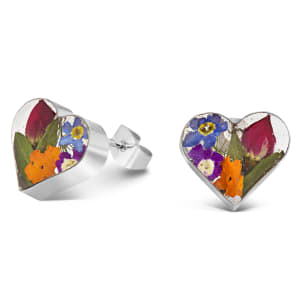Sterling Silver Heart Stud Earrings Containing Miniature Mixed Flowers
