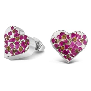 Sterling Silver Heart Stud Earrings Containing Miniature Pink Flowers