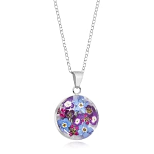 Sterling Silver Medium Round Pendant Necklace With Miniature Purple Haze Flowers