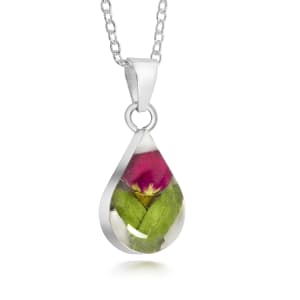 Sterling Silver Small Tear Drop Pendant Necklace With Miniature Rose
