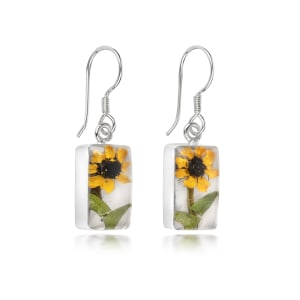 Sterling Silver Rectangular Drop Earrings With Miniature Sunflower