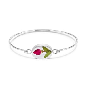 Sterling Silver Oval Bangle With Miniature Rose