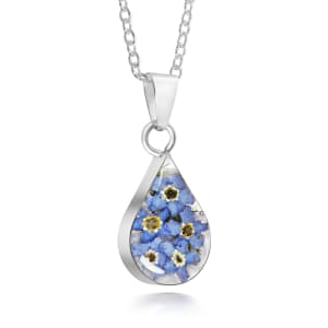 Sterling Silver Small Tear Drop Pendant Necklace With Miniature Forget-Me-Not Flowers