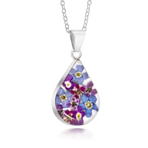 Sterling Silver Medium Tear Drop Pendant Necklace With Miniature Purple Haze Flowers
