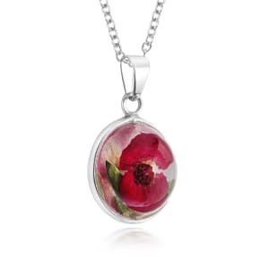 Sterling Silver Domed Pendant Necklace With Miniature Poppy Flower