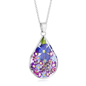 Sterling Silver Large Tear Drop Pendant Necklace With Miniature Purple Haze Flowers