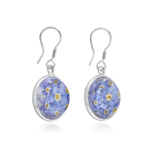 Sterling Silver Domed Drop Earrings With Miniature Forget-Me-Not Flowers