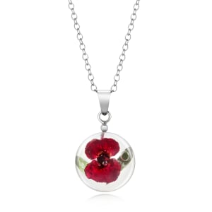 Spherical Pendant With Single Miniature Poppy And Sterling Silver Necklace