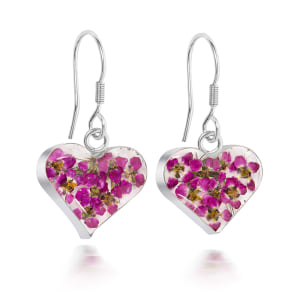 Sterling Silver Heart Drop Earrings Containing Miniature Pink Flowers