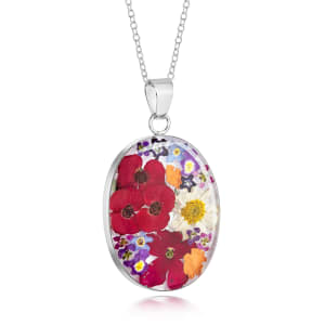 Sterling Silver Large Oval Pendant Necklace With Miniature Mixed Flowers