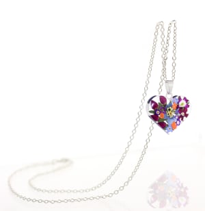 Sterling Silver Large Heart Pendant Necklace With Miniature Mixed Flowers