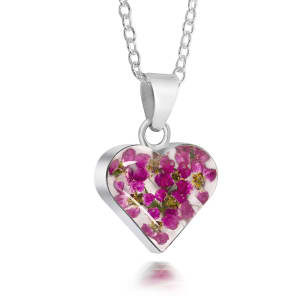 Sterling Silver Small Heart Pendant Necklace With Miniature Pink Flowers