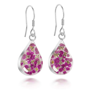 Sterling Silver Tear Drop Earrings Containing Miniature Pink Flowers