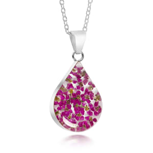 Sterling Silver Medium Tear Drop Pendant Necklace With Miniature Pink Flowers