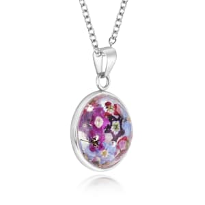 Sterling Silver Domed Pendant Necklace With Miniature Purple Haze Flowers