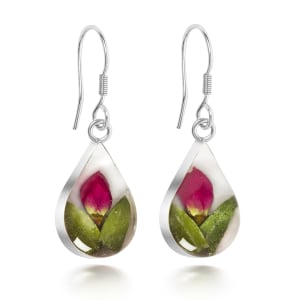 Sterling Silver Tear Drop Earrings With Miniature Rose