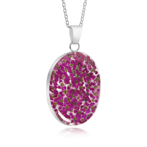 Sterling Silver Large Oval Pendant Necklace With Miniature Pink Flowers