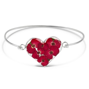 Sterling Silver Large Heart Bangle With Miniature Poppy Flowers