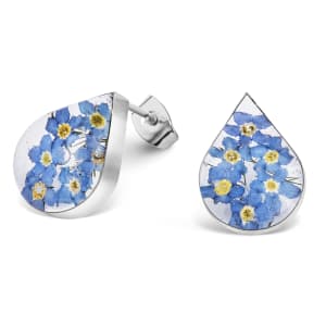 Sterling Silver Tear Drop Shaped Stud Earrings With Miniature Forget-Me-Not Flowers