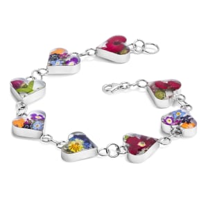 Sterling Silver Hearts Bracelet With Miniature Mixed Flowers