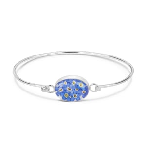 Sterling Silver Oval Bangle With Miniature Forget-Me-Not Flowers