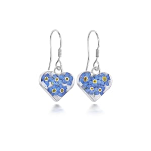 Sterling Silver Heart Earrings Containing Miniature Forget-Me-Not Flowers