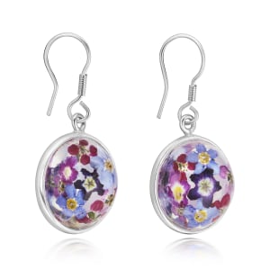 Sterling Silver Domed Drop Earrings With Miniature Purple Haze Flowers