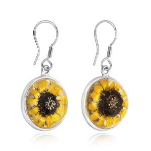 Sterling Silver Domed Drop Earrings Containing Miniature Sunflower